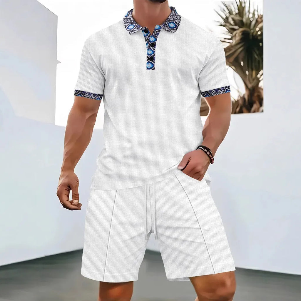 Men's Waffle Solid Color Zip Lapel Short Sleeve & Shorts Set – European Summer 2-Piece Suit
