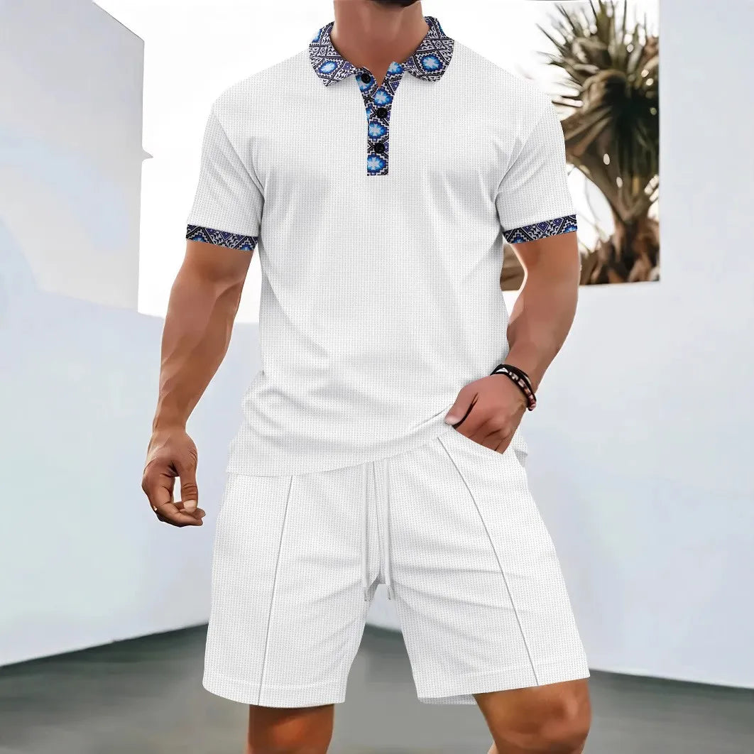 Men's Waffle Solid Color Zip Lapel Short Sleeve & Shorts Set – European Summer 2-Piece Suit