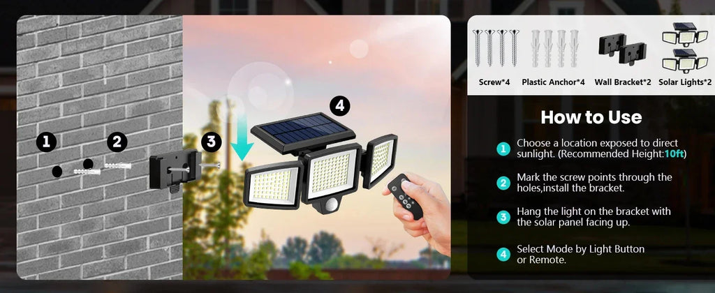 3-Head Solar Outdoor Security Light — Motion Sensor, Wireless Remote, Dimmable LED (1–5 Pack)