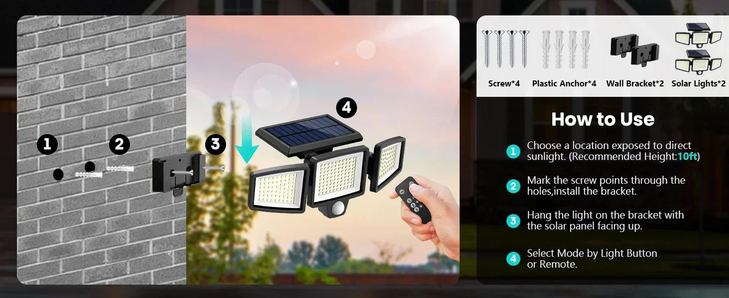 3-Head Solar Outdoor Security Light — Motion Sensor, Wireless Remote, Dimmable LED (1–5 Pack)