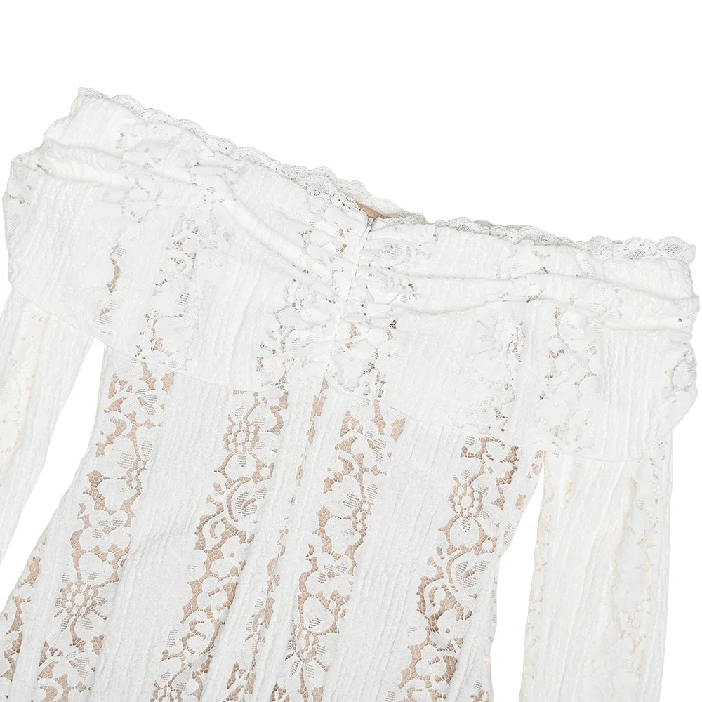 Elegant White Lace Evening Gown — Long Sleeve Wedding & Prom Dress
