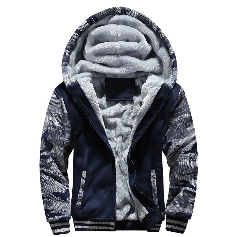 Men's Camouflage Fleece Hooded Zip Jacket – Thick Streetwear Coat for Autumn & Winter