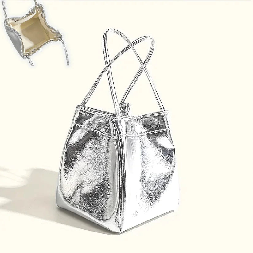 Sparkling Silver Glittery Mini Drawstring Bucket Bag – PU Crossbody Handbag with Wallet for Women