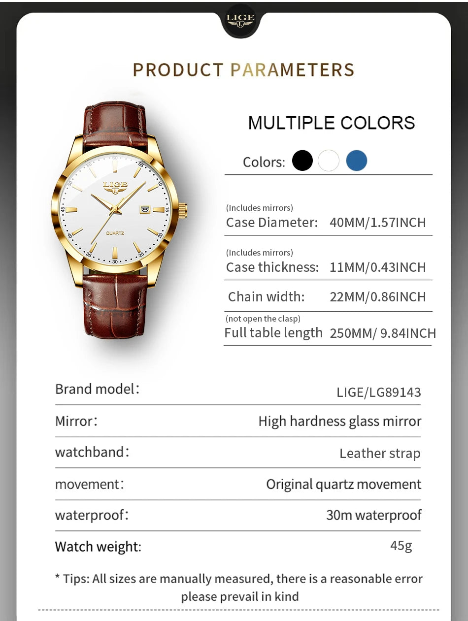 LIGE Men's Brown Leather Chronograph Watch | Military Sport Casual Waterproof Quartz Wristwatch