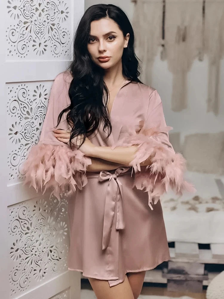 White Feather & Fur Trim Satin Robe | Bridal Nightgown Bathrobe for Women