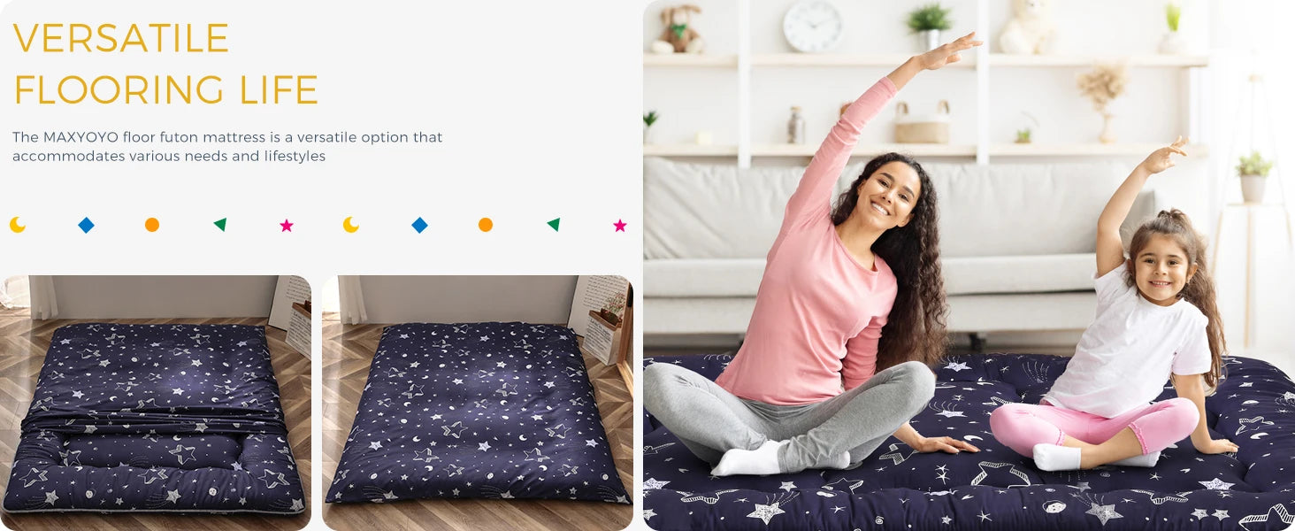 Navy Star Queen Size Foldable Japanese Floor Futon Mattress, Portable Tatami Sleeping Mat for Camping & Indoor Use
