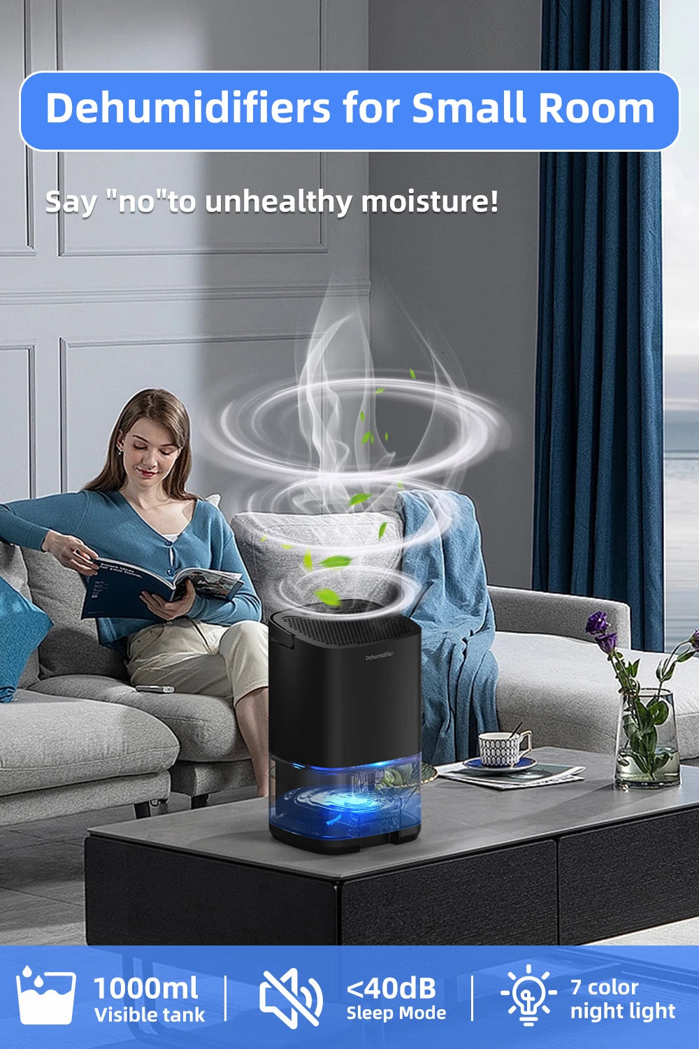Portable Dehumidifier 1000ml — Compact Electric Moisture & Mold Remover for Home, Office & RV