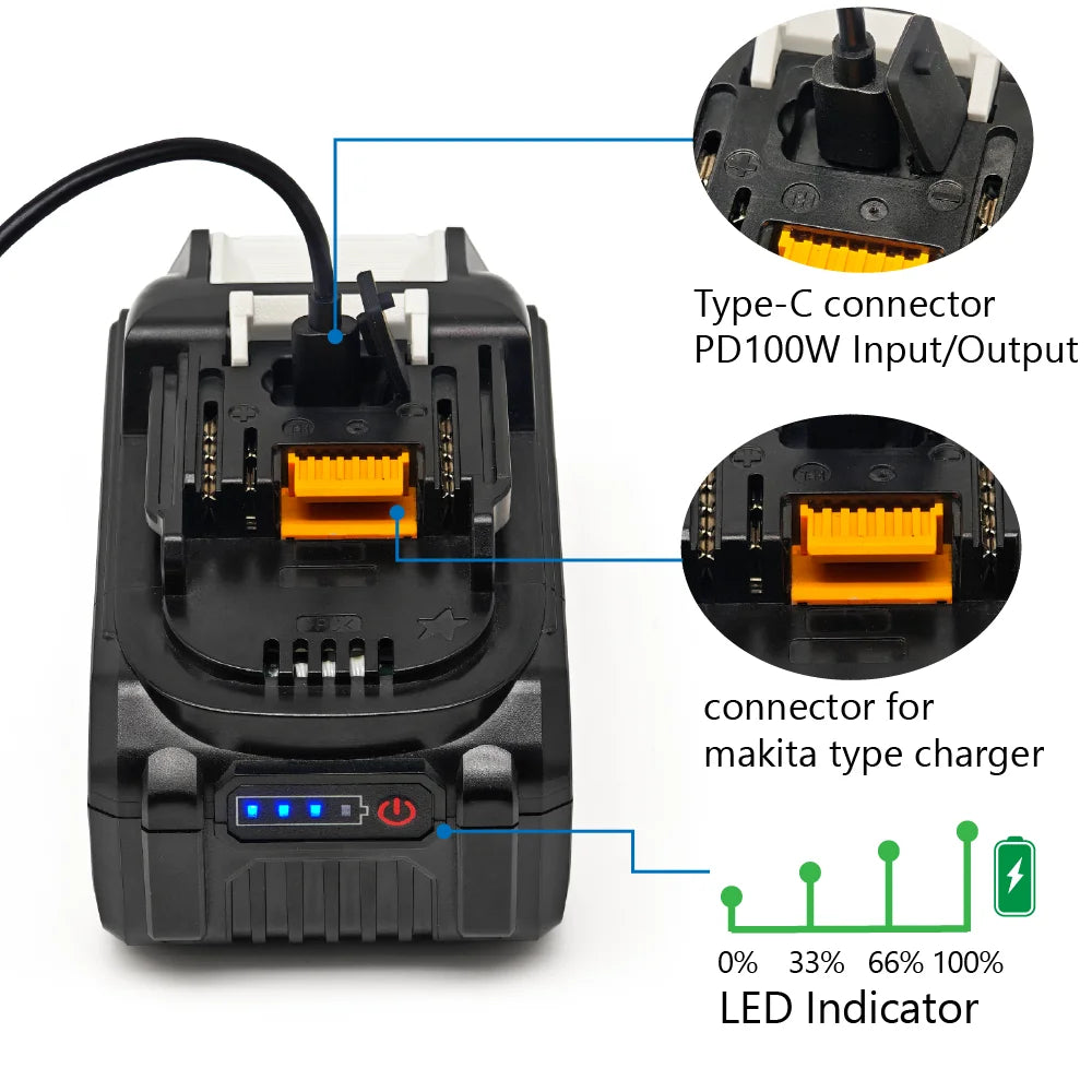 TPCELL PD100W Makita 18V Replacement Battery – 8Ah/10Ah Li-ion with USB-C Connector & 21700 Tabless Cells
