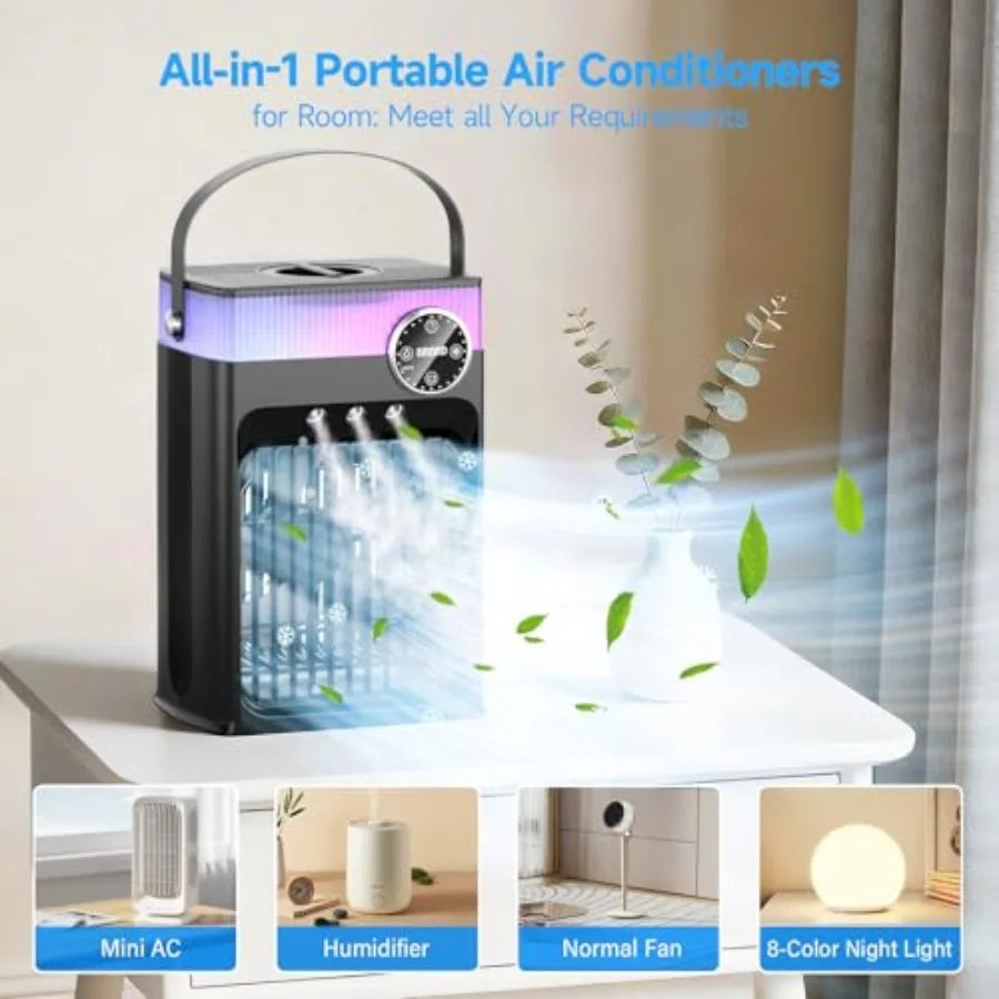 4-in-1 Portable Evaporative Air Cooler — 1200ML Tank, Remote Control, 2-8H Timer & Quiet Cooling Fan