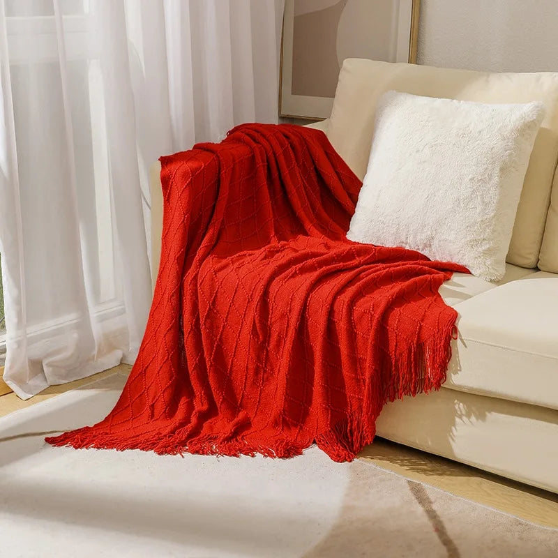 Knitted Acrylic Throw Blanket with Tassels – Chunky Farmhouse Style, 28 Colors & 2 Sizes