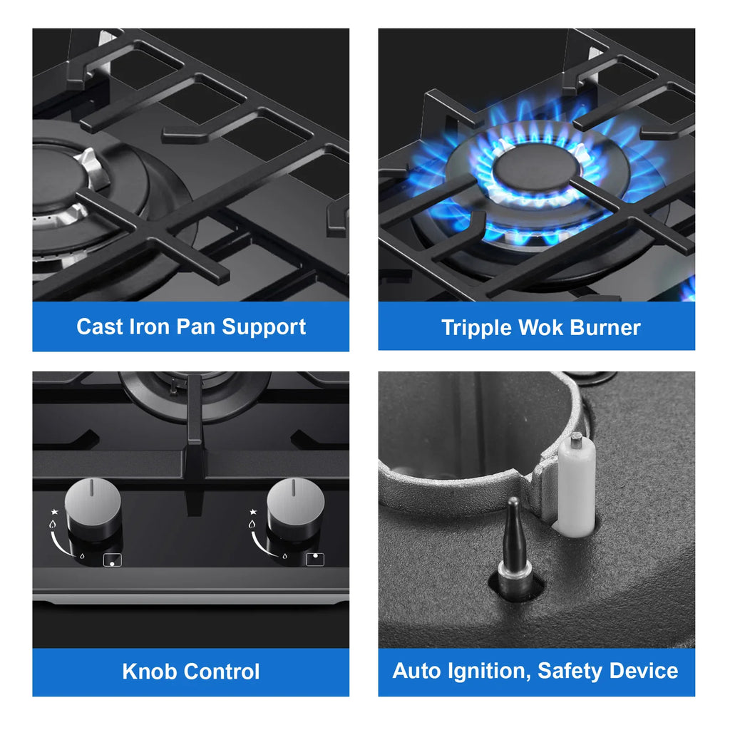 EU Certified 2-Burner Gas Hob – 30cm Tempered Glass, Dual Fuel NG/LPG, 5200W, Flame Failure Safety, Black