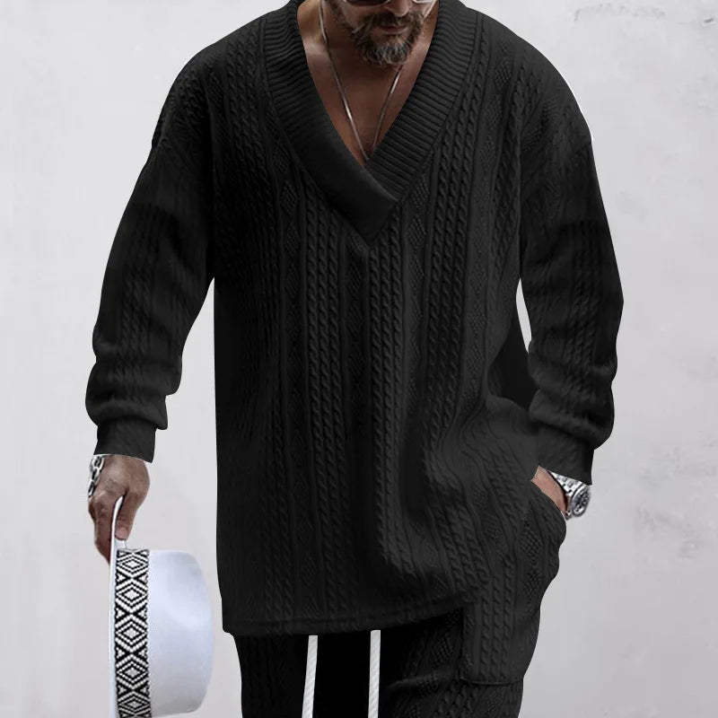 Men's Jacquard Knit Sweater & Casual Trousers Two-Piece Set