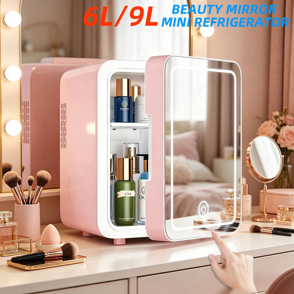 6L/9L LED Mirror Mini Fridge with Light — Portable Cosmetic Refrigerator Cooler & Warmer for Car, Home & Skincare