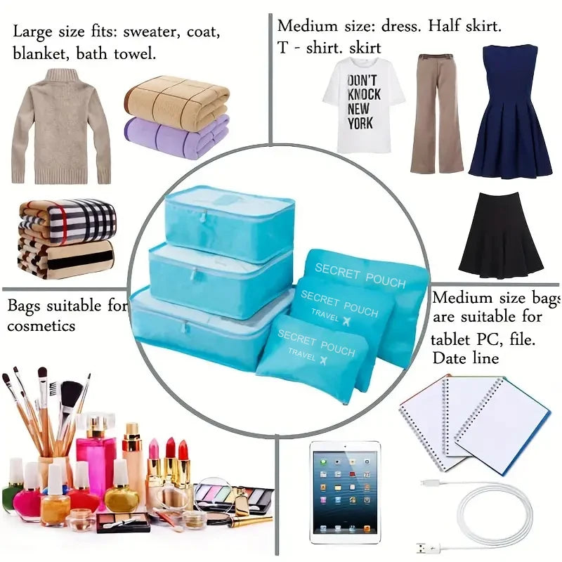 6-Piece Travel Storage Bags – Waterproof Oxford Luggage Packing Organizers