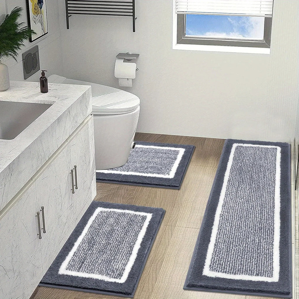 Washable Microfiber Bathroom Rug Set – 3-Piece Non-Slip Absorbent Bath Mats with U-Shaped Toilet Mat, 8 Colors