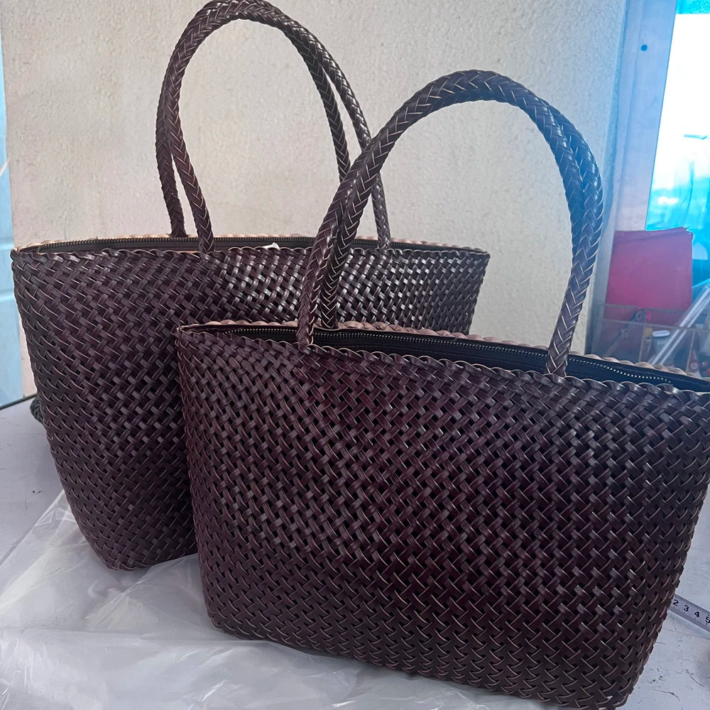 Handmade Woven Cowhide Leather Bucket Tote Bag – Romantic Beach Shoulder Handbag for Women