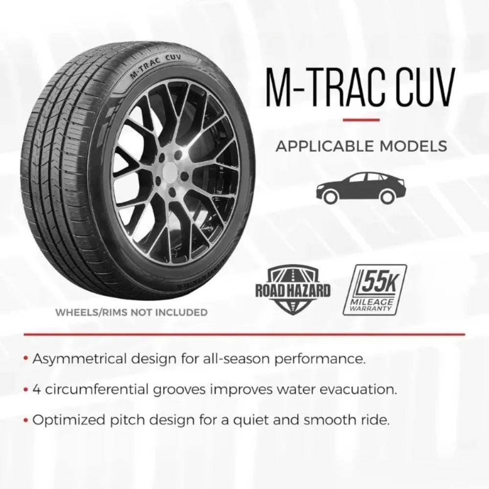 A promotional graphic for M-TRAC CUV tires, showing a black tire with a multi-spoke silver rim on a light gray background. Text reads 'M-TRAC CUV', 'APPLICABLE MODELS', and lists tire features.