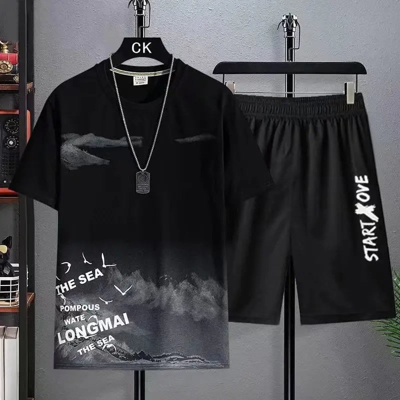 Men's Print Short Sleeve T-Shirt & Elastic Waist Shorts Casual Summer Set