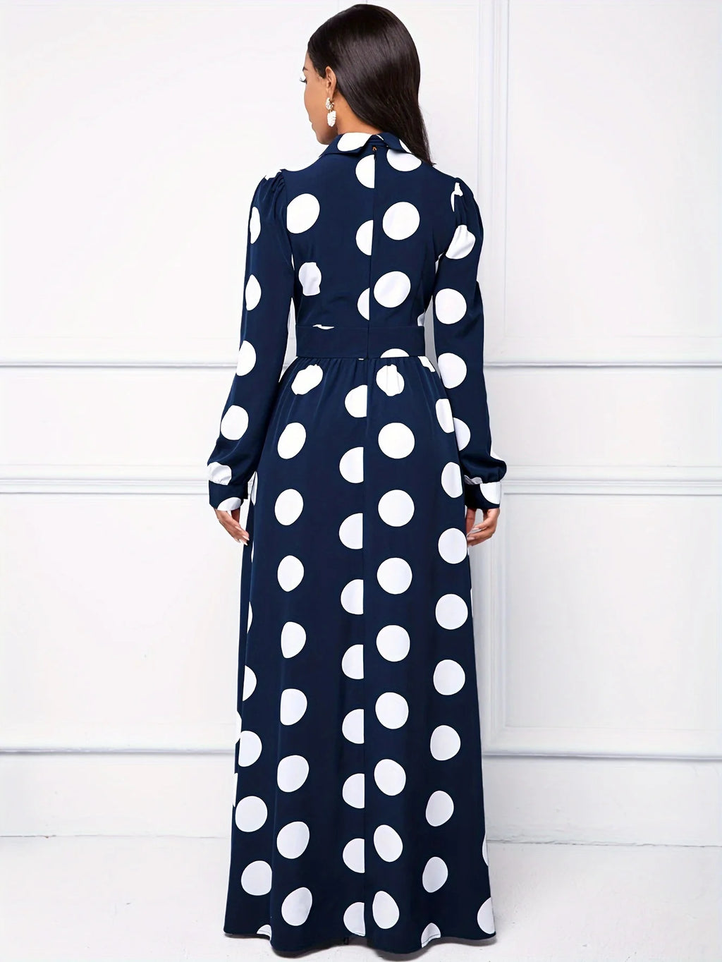 Bow Knot Polka Dot Maxi Dress — Long Sleeve Elegant Casual Lady Dress