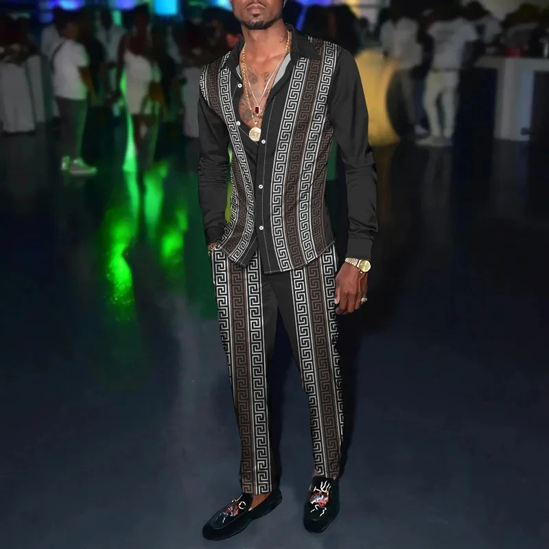 Men's 3D Retro Harajuku Print Long Sleeve Lapel Shirt & Long Pants 2-Piece Set