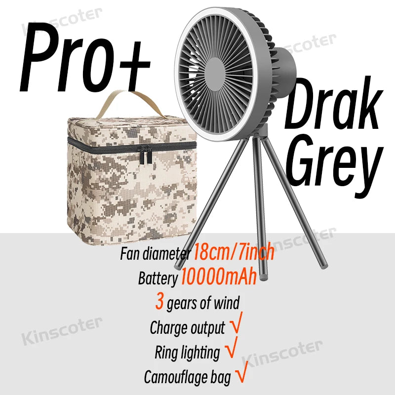 10000mAh Camping Fan – Rechargeable Portable Wireless Ceiling Fan with Power Bank & LED Lighting Tripod