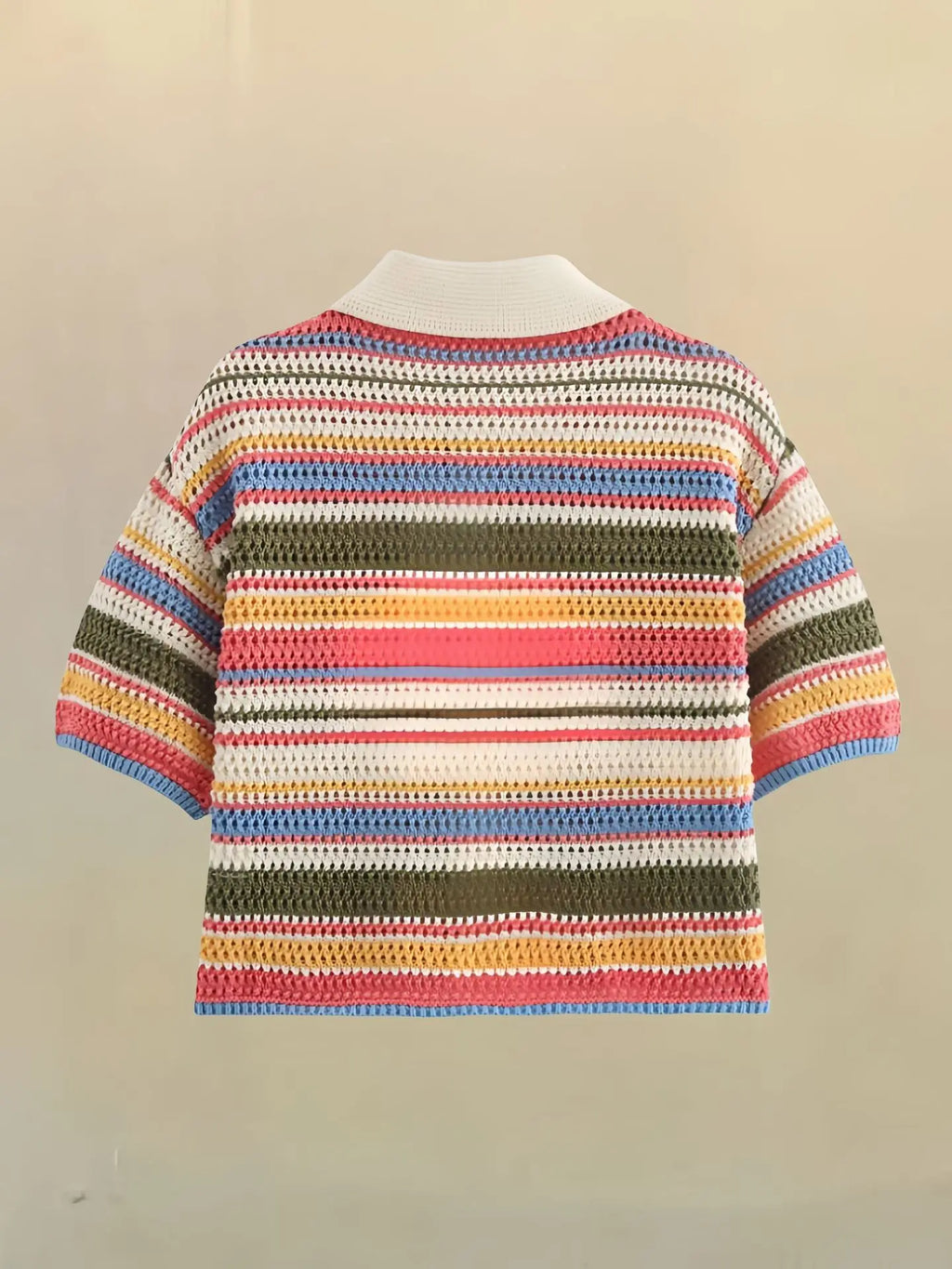 Women's Y2K Crochet Knit Crop Sweater & Shorts Set – Polo Collar Striped Patchwork Hollow Out