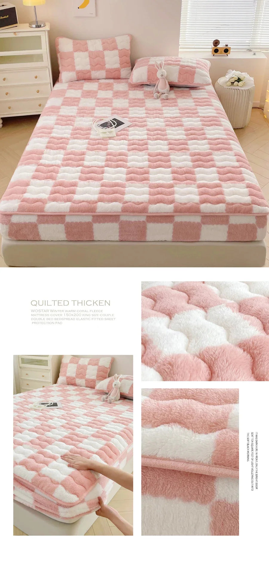 WASART Plush Warm Mattress Protector – Black & White Plaid Elastic Fitted Bed Pad