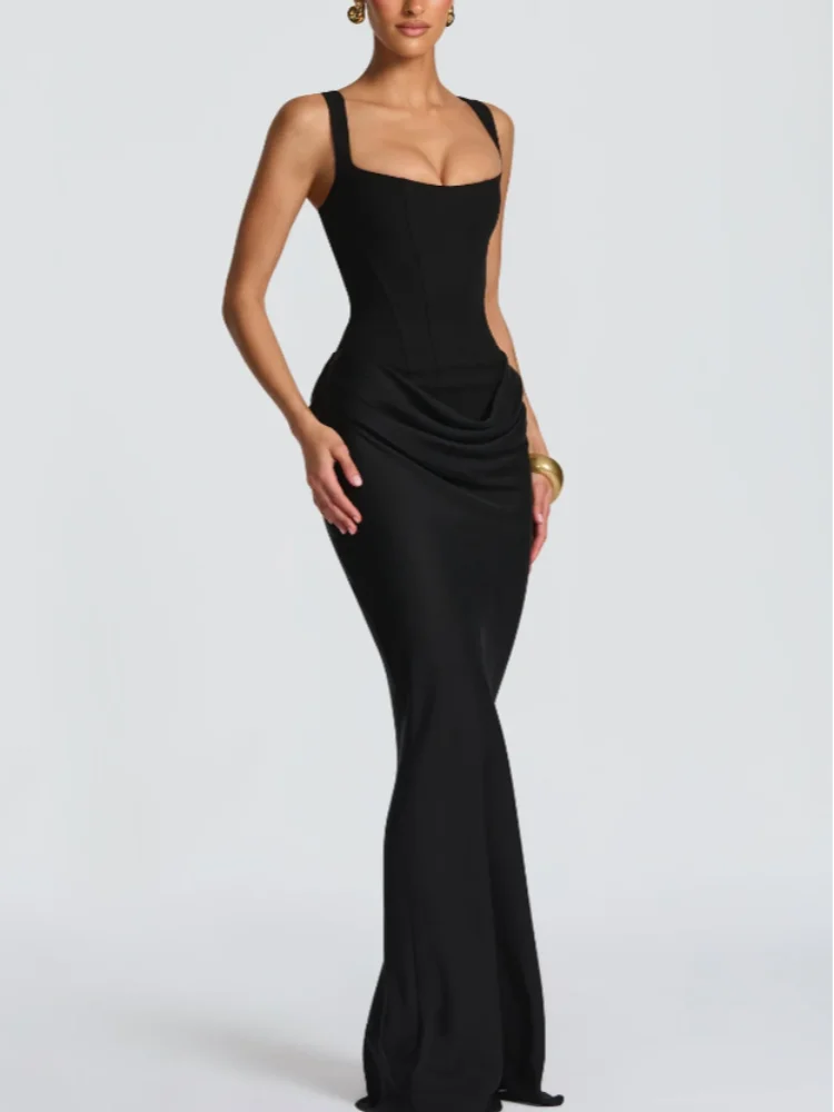 Square Neck Pleated Sling Dress — Off-Shoulder Waist-Cinching Slim Evening Gown