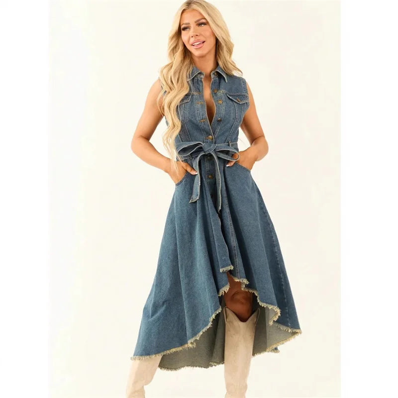 Denim Dresses For Women Sleeveless Sexy Irregular Girl Fashion A-Line Long Tunic Dress Lady Lace-Up Female Jeans Clothes