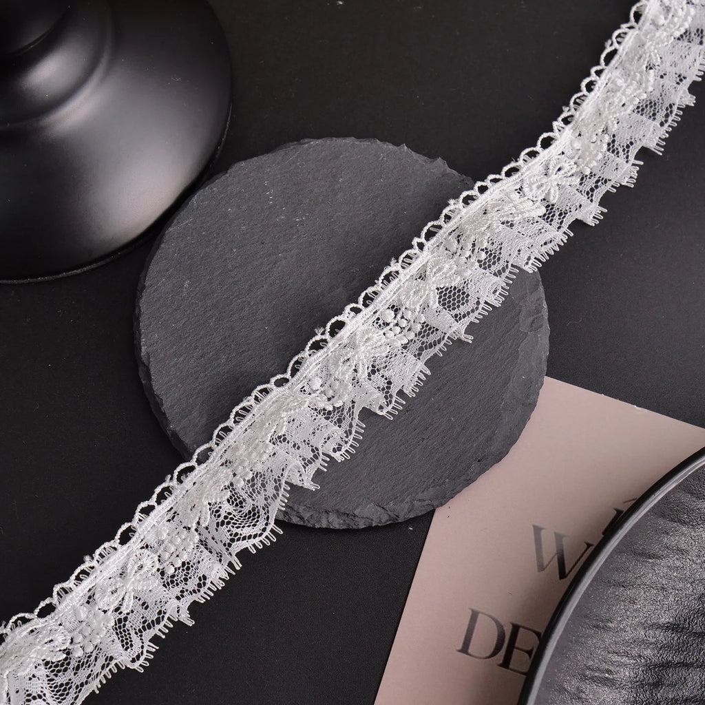 White Lace Ribbon Bow Trim — Embroidered Edge for Dresses, Bridal & DIY Crafts