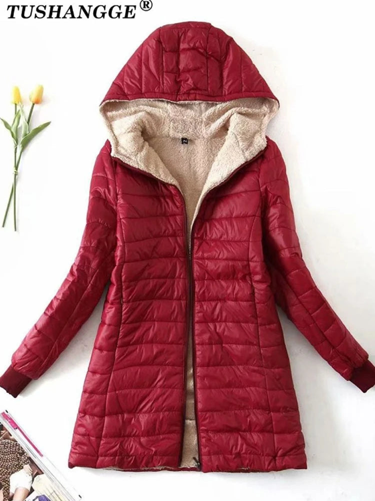 Korean Edition Hooded Women's Fleece Jacket – Mid-Length Warm Parka Coat