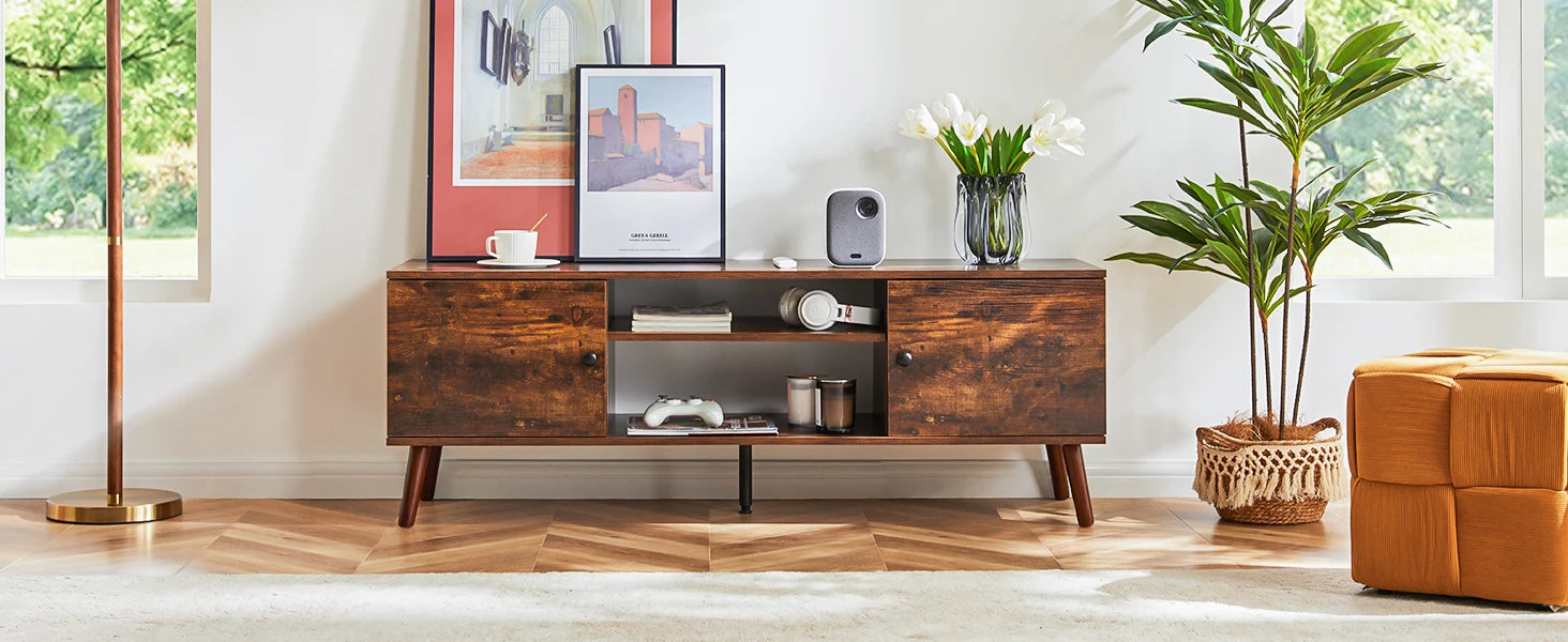 Wooden Fireplace TV Stand for 60" TVs — Entertainment Center with Adjustable Shelf & Storage