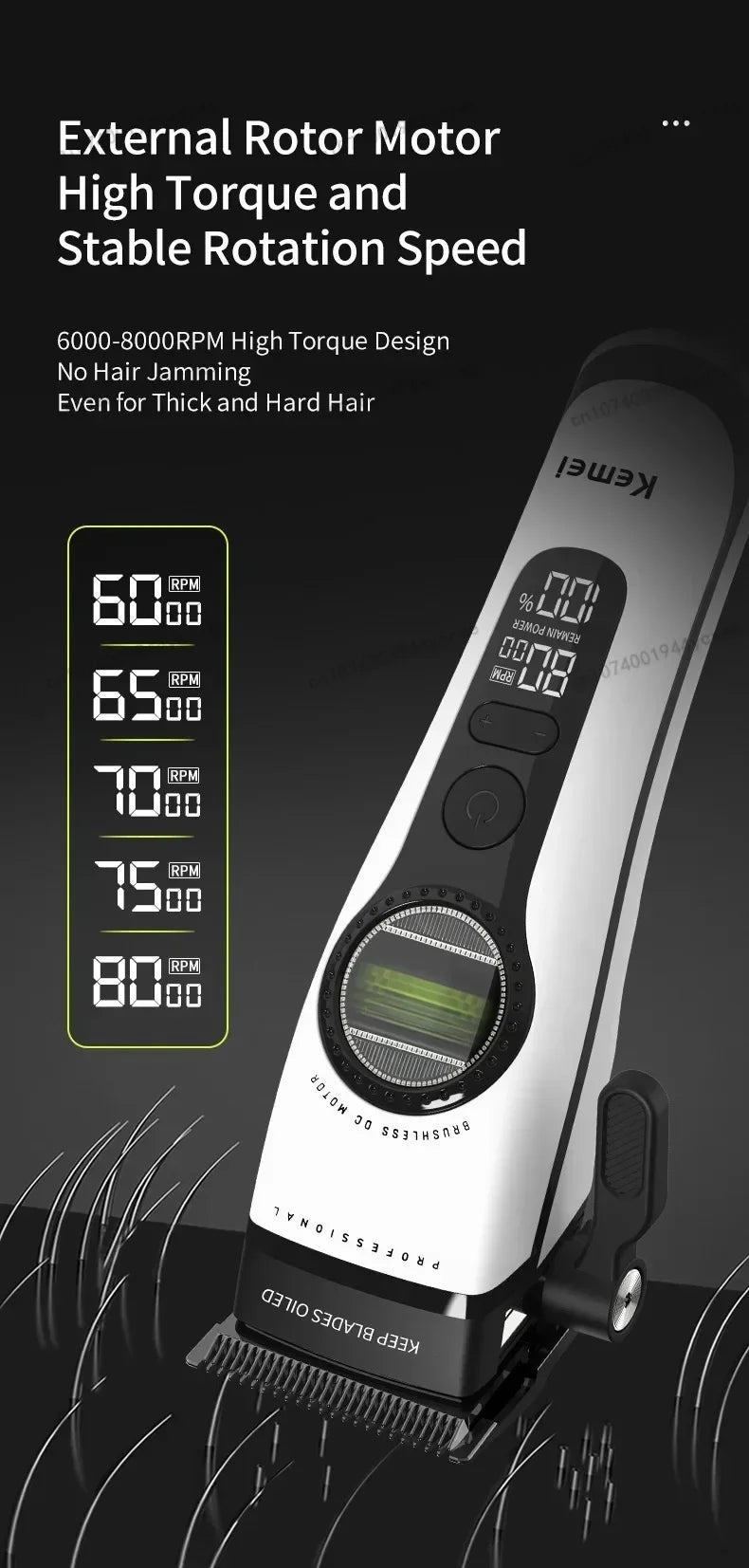 Kemei KM-1593 / KM-1595 Brushless Hair Clipper – DLC Blade, 8000 RPM, 200-Min Runtime, USB-C