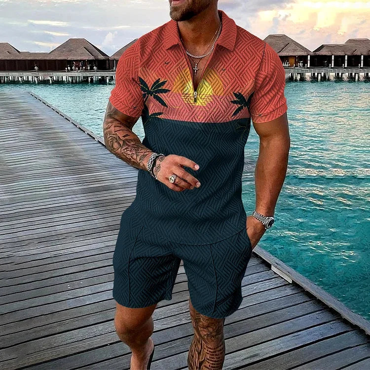 Men's 3D Printed Summer Tracksuit Set – Short Sleeve Polo Shirt & Shorts
