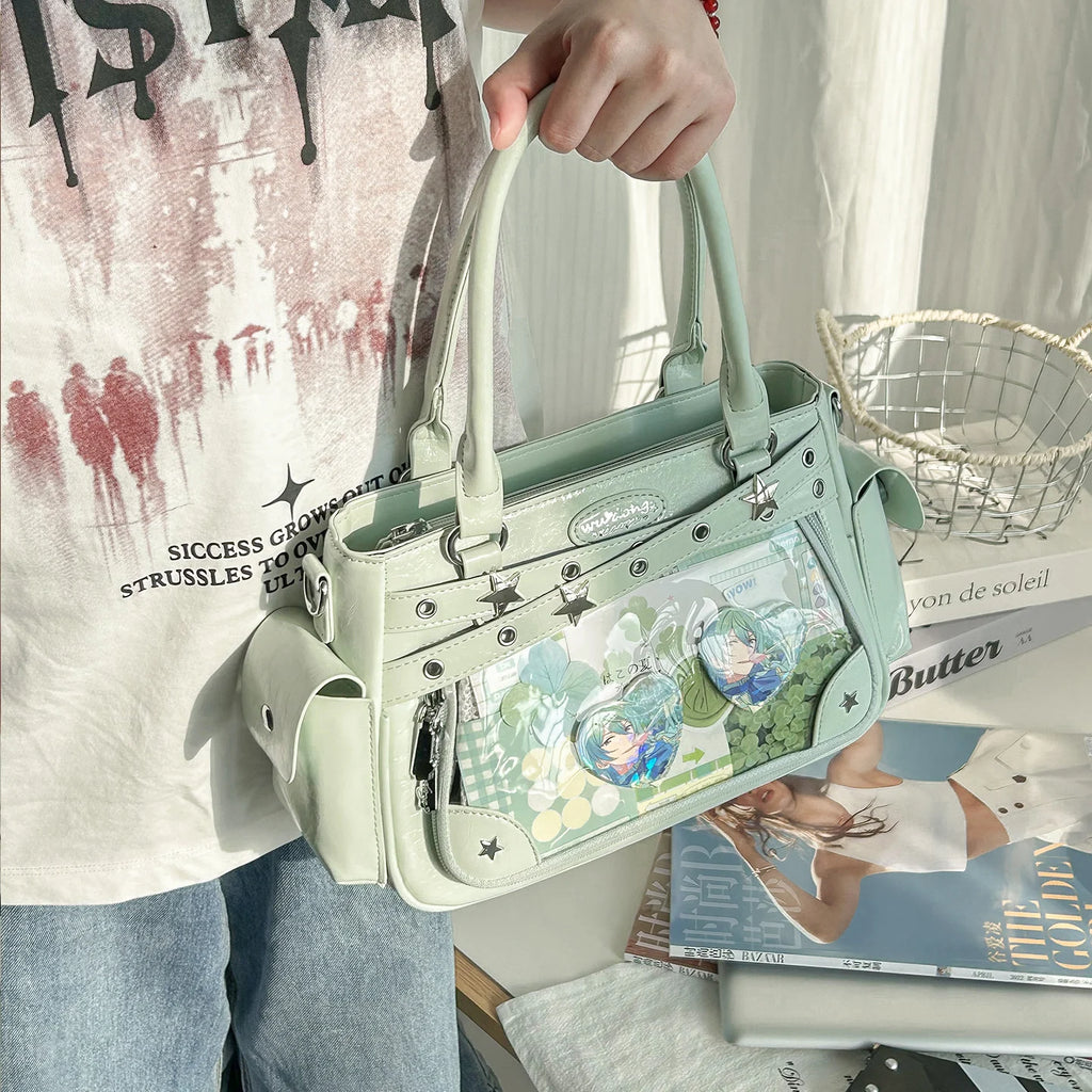 Miyagawa Transparent Rivet PU Tote Bag – Multi-Function Crossbody Shoulder Handbag for Women