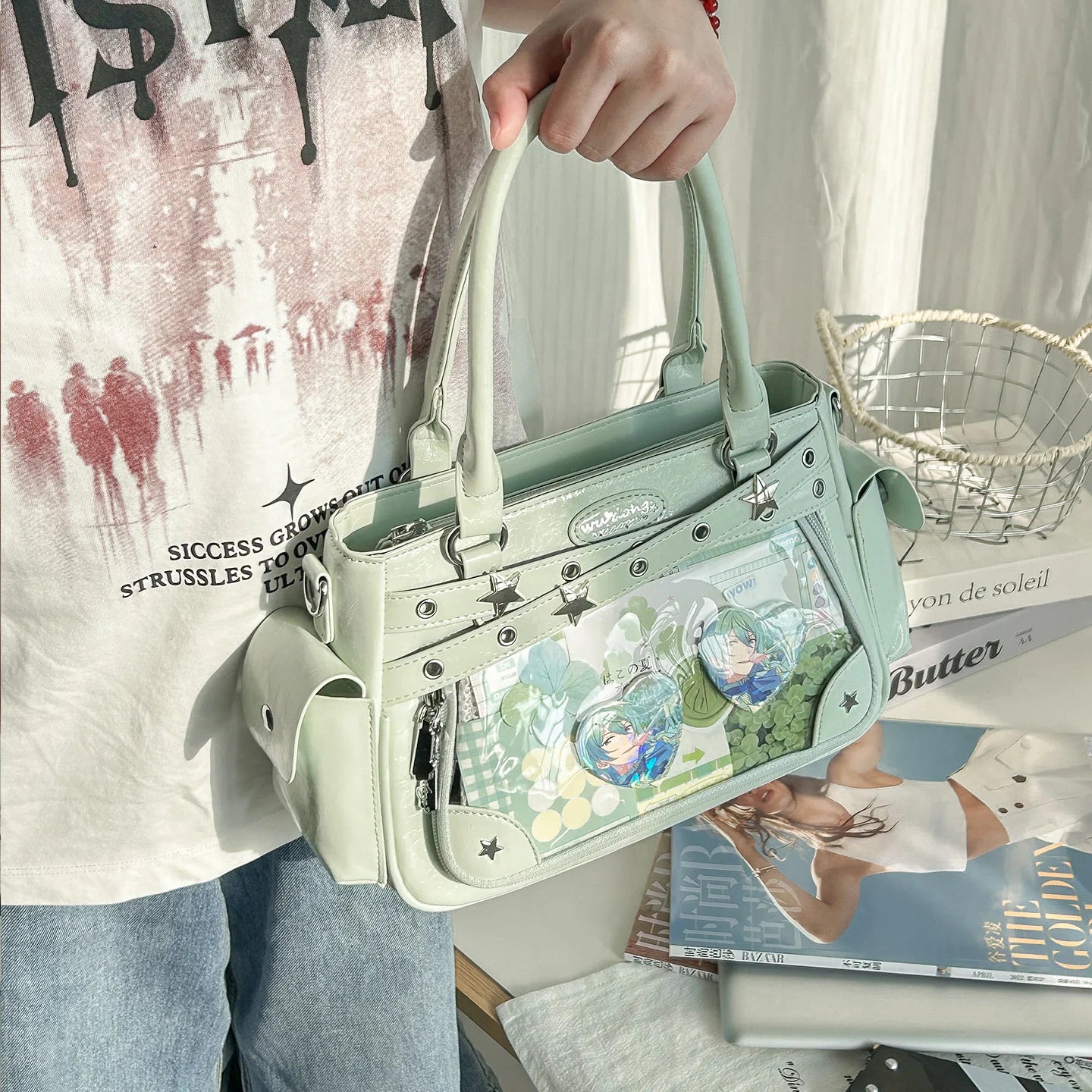 Miyagawa Transparent Rivet PU Tote Bag – Multi-Function Crossbody Shoulder Handbag for Women