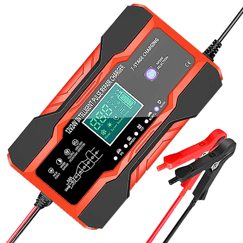 12V/24V Smart Battery Charger – 7-Stage Fast Charging & Pulse Repair for AGM, GEL, WET & Lead Acid Batteries