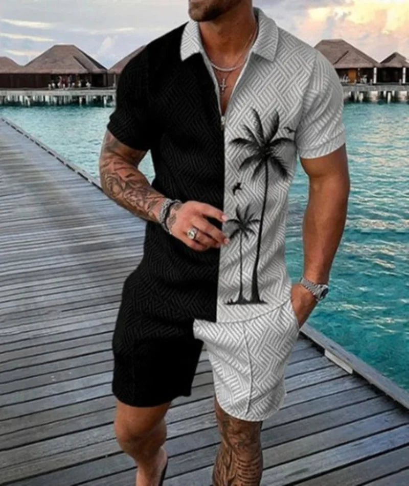 Men's 3D Printed Summer Tracksuit Set – Short Sleeve Polo Shirt & Shorts