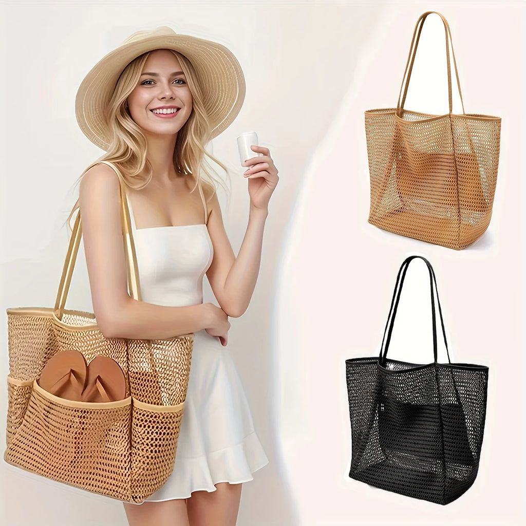 Women's Large Capacity Beach Tote Bag – Durable Polyester Woven Shoulder Bag for Travel & Shopping