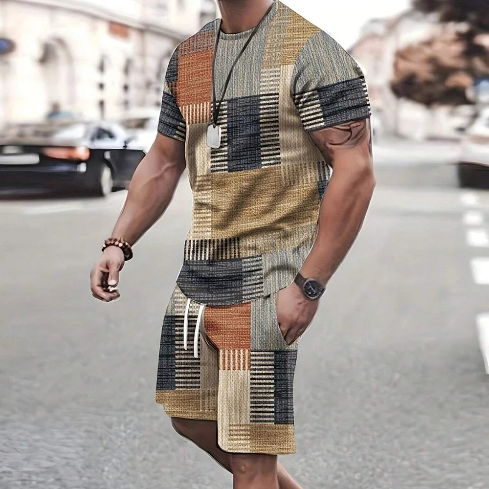Men's Retro Short Sleeve T-Shirt & Shorts Set – Cool Breathable Casual Summer 2-Piece