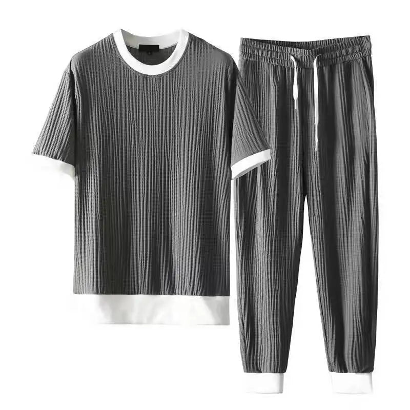 Men's Elastic Pleated Short-Sleeve & Nine-Point Pants Set – Breathable Summer Suit