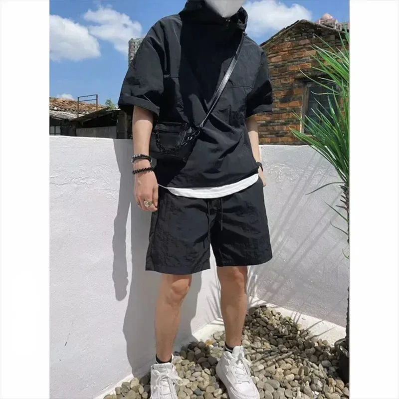 Men's Cargo Style Hooded T-Shirt & Shorts Set – Solid Loose Fashion Casual Sweatshirt Suit