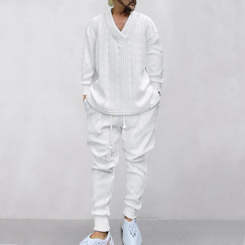 Men's Jacquard Knit Sweater & Casual Trousers Two-Piece Set