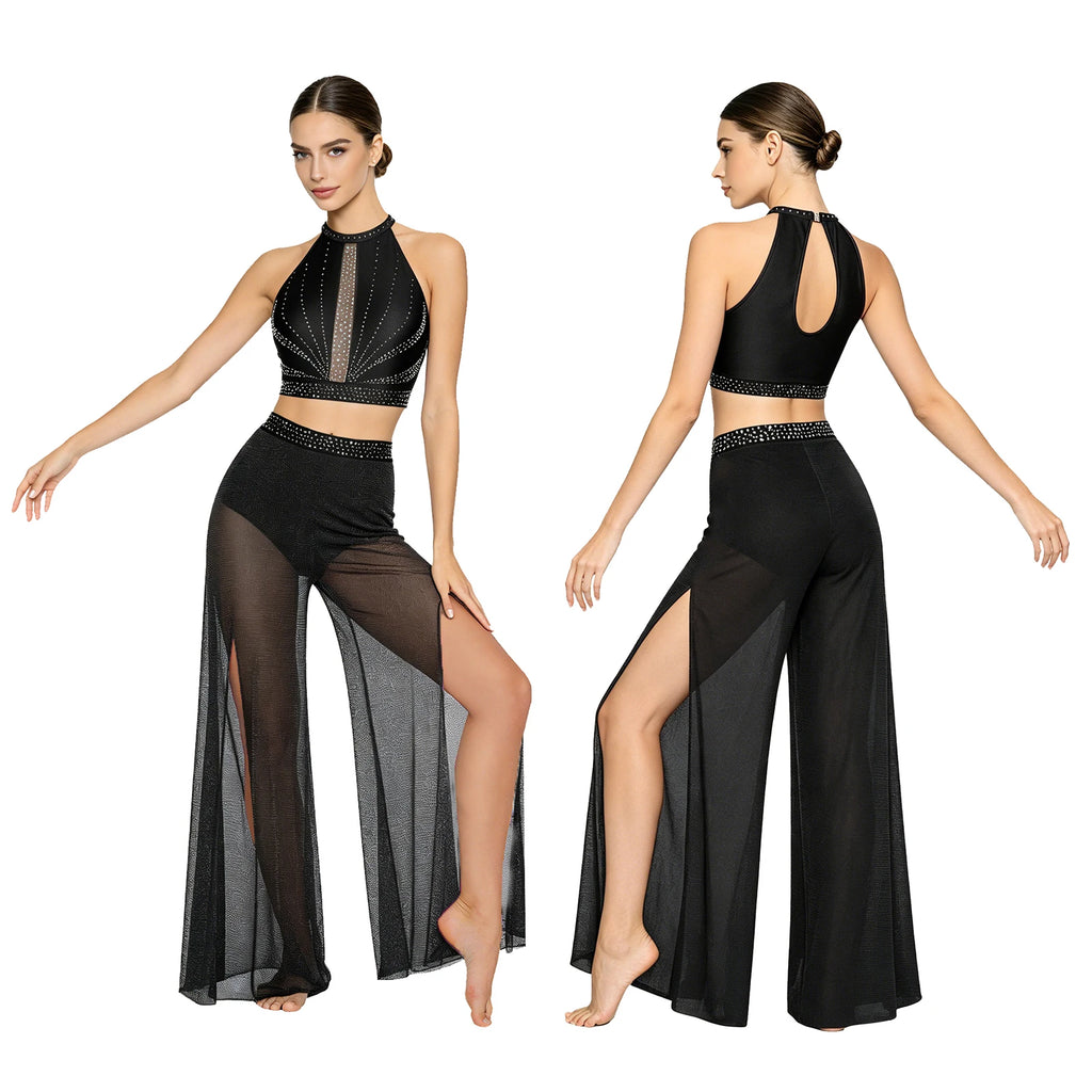 Women's Dance Performance Costume – Shiny Crop Top & Sheer Pants for Skating, Gymnastics & Ballet