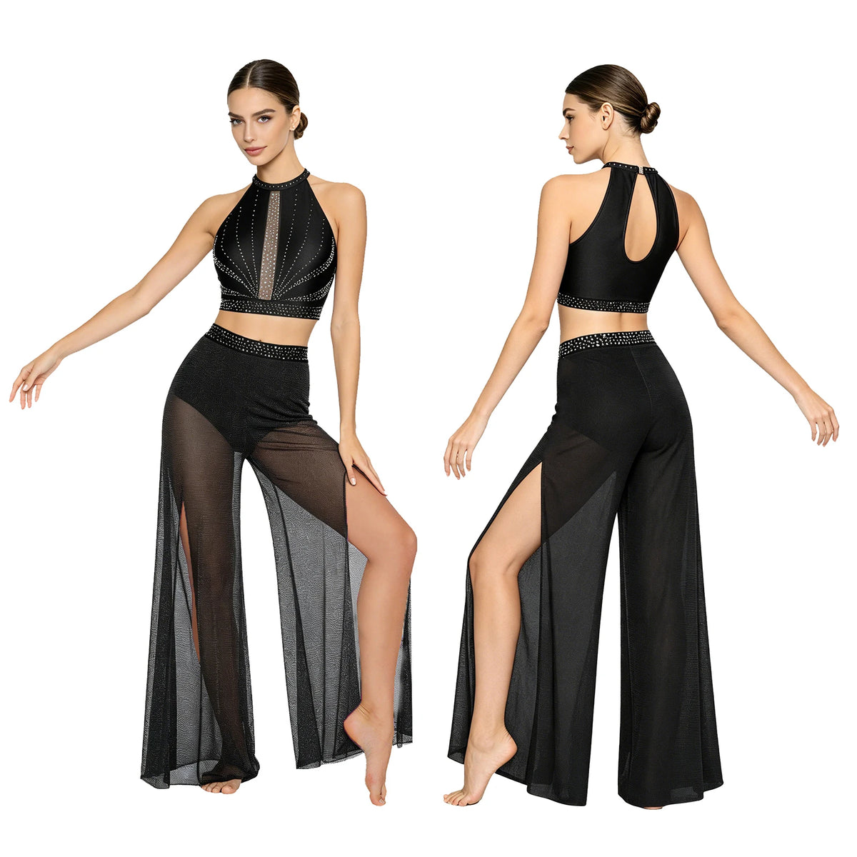 Women's Dance Performance Costume – Shiny Crop Top & Sheer Pants for Skating, Gymnastics & Ballet