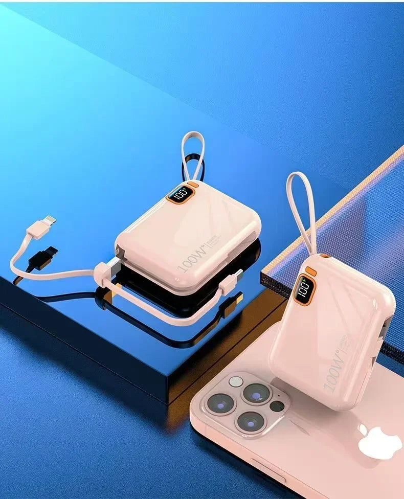 66W Portable Mini Power Bank 20000mAh – Built-in Cable, PD Fast Charging for iPhone & Android