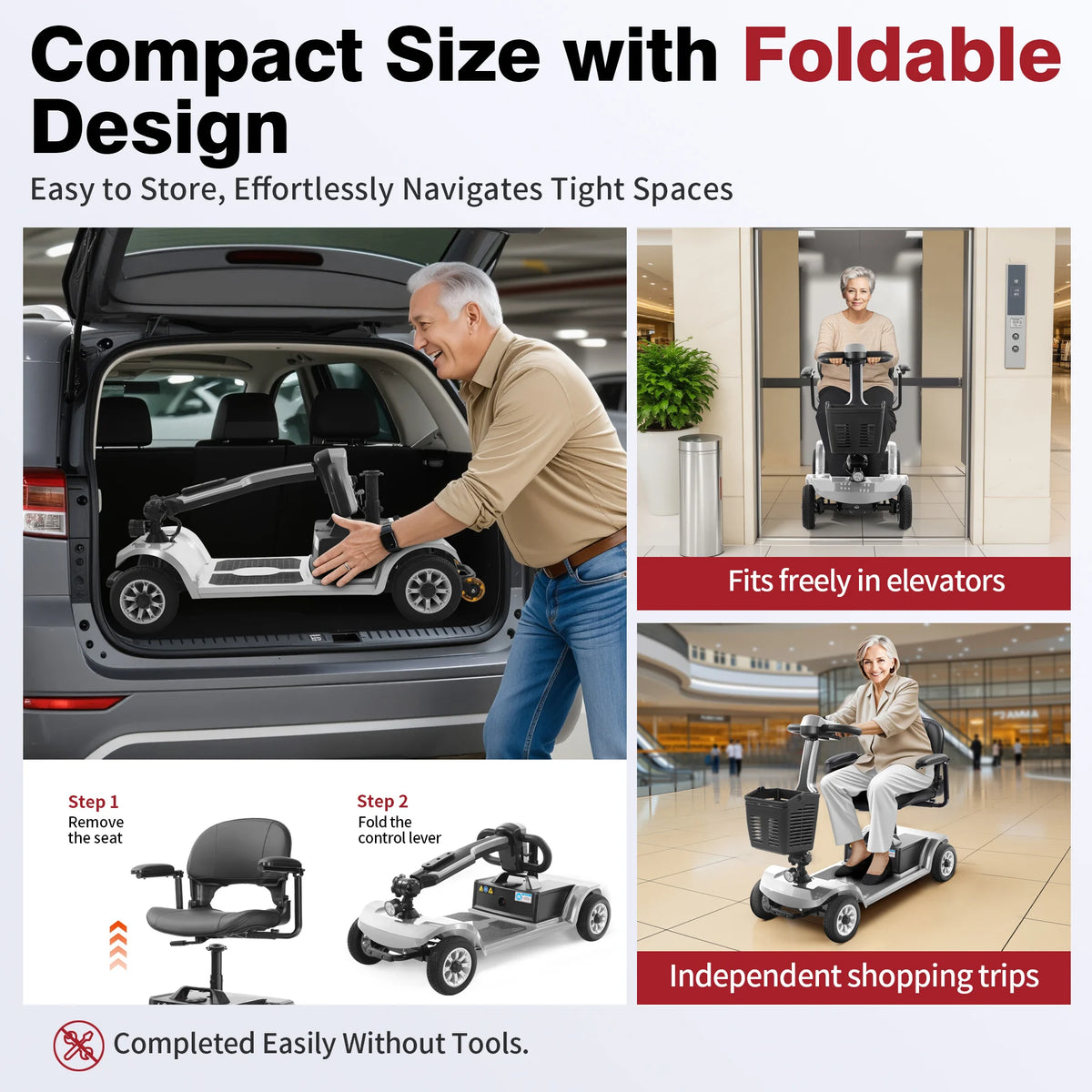 Foldable Travel Mobility Scooter for Seniors, Magnetic Brake