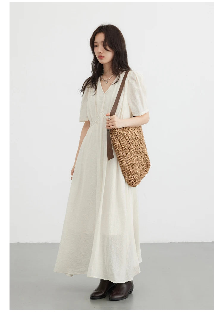 CHIC VEN Women Dresses French Style Vintage V-neck Puff Sleeve Long Dress Solid Black Loose Female Clothing Summer New 2023