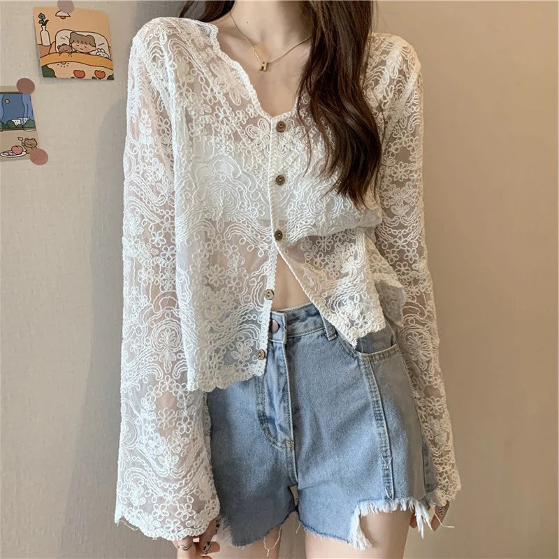 Women's Vintage Sheer Lace Blouse – Long Sleeve See-Through Sun Shirt Korean Style Casual Top