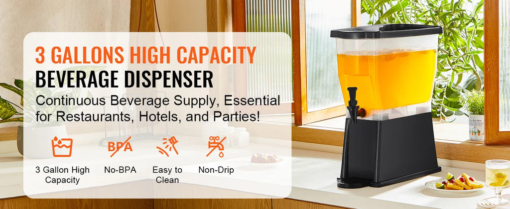 3-Gallon Beverage Dispenser — Plastic Drink Dispenser with Stand, Spigot & Lid for Parties